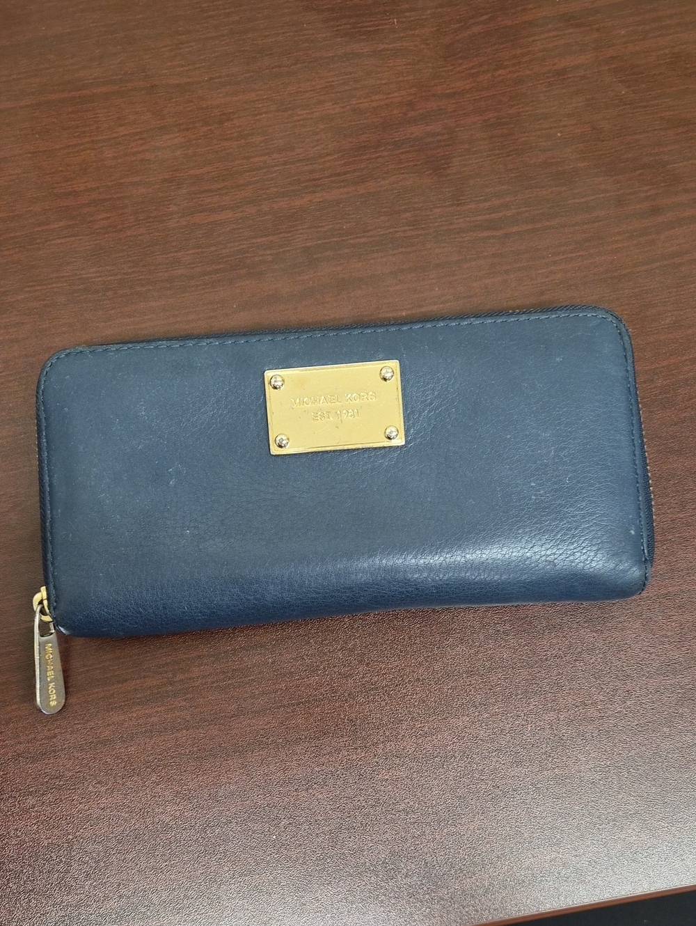 Michael Kors Navy Leather Zip Wallet with Gold Plaque